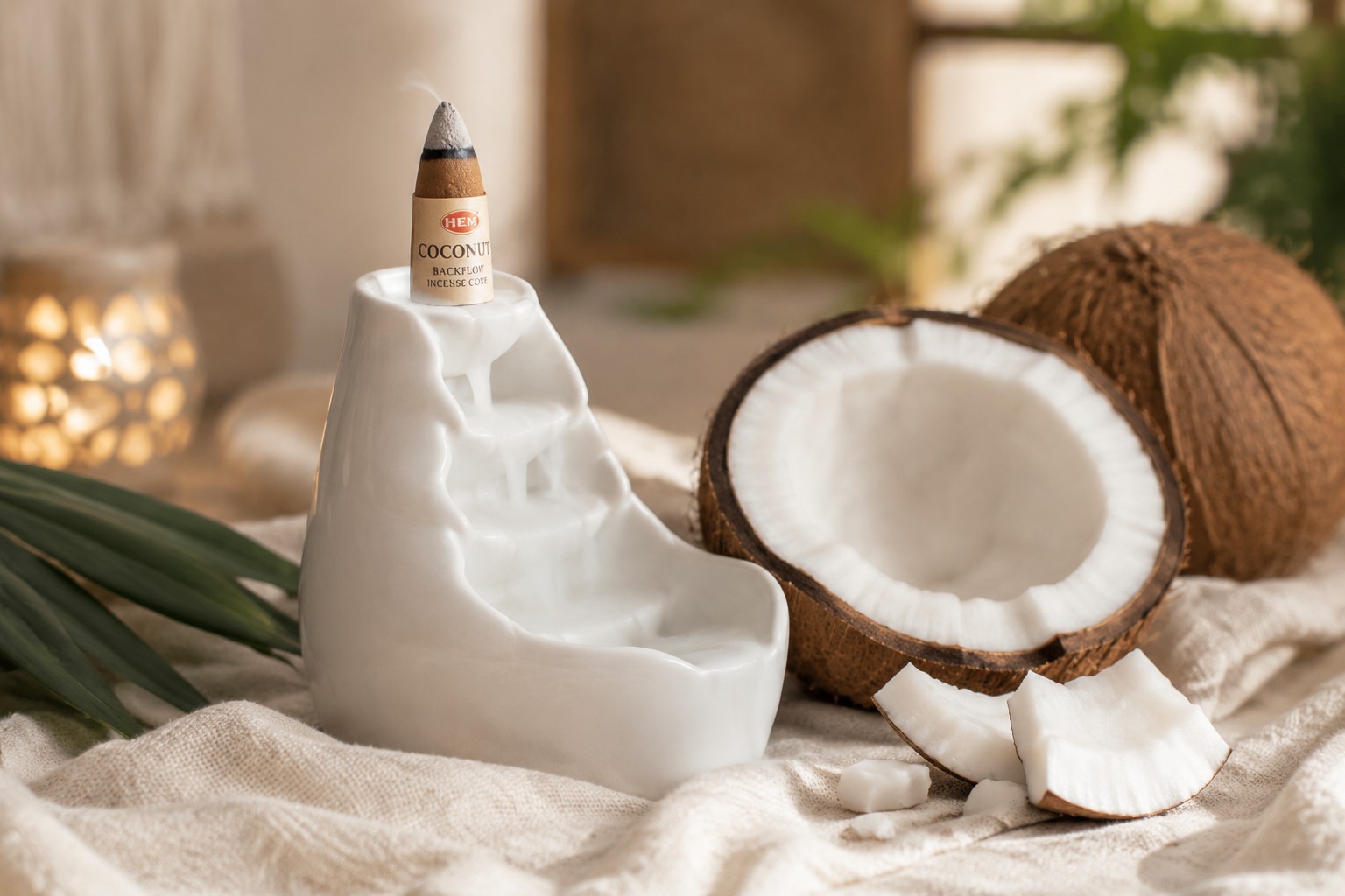 عود آبشاری رایحه نارگیل (Coconut) | برند HEM 1 عود آبشاری HEM با رایحه نارگیل در حال سوختن روی جاعودی آبشاری سفید در فضایی آرام و روشن