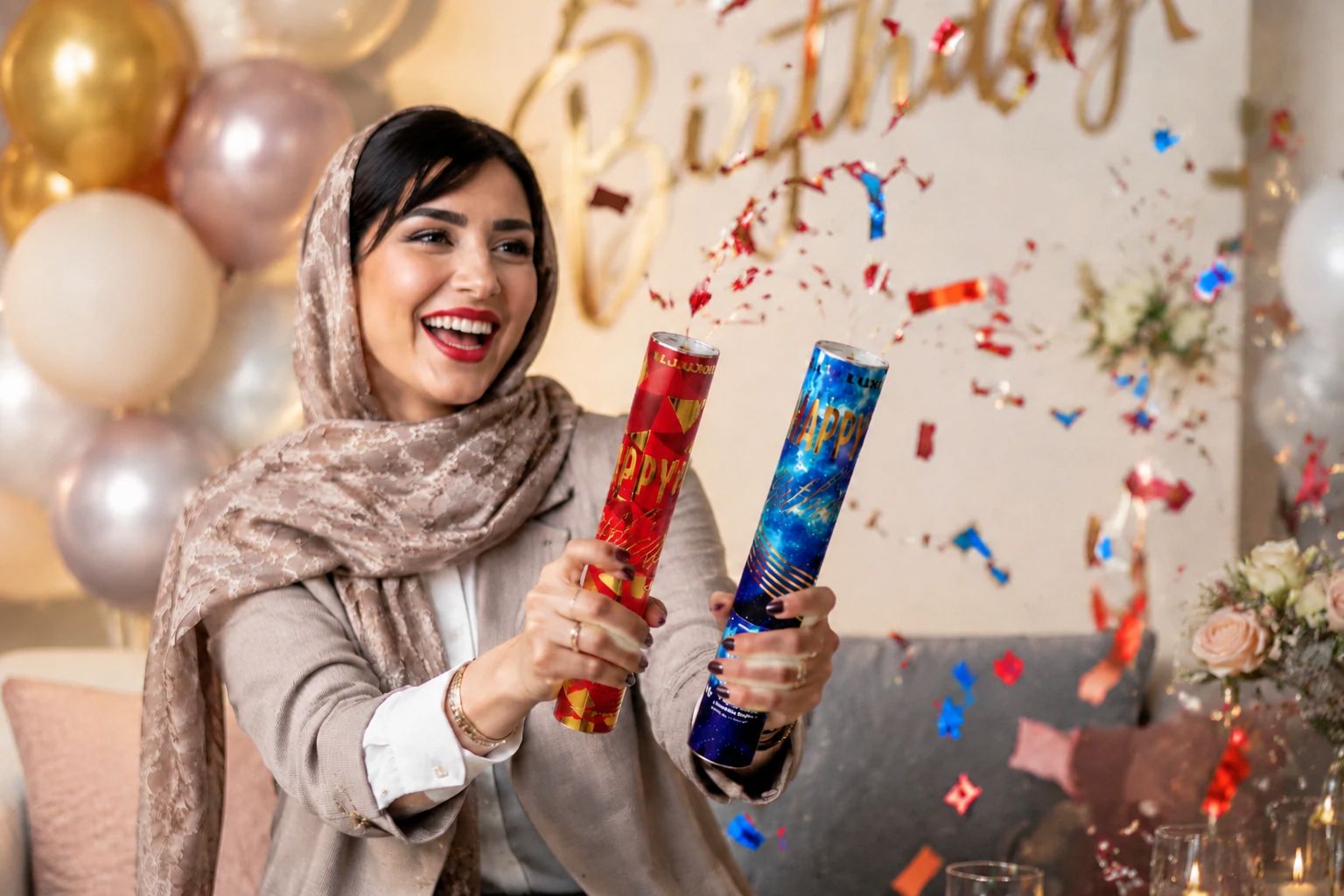 بمب شادی تولد طلاکوب با طرح‌های قرمز هندسی و آبی کهکشانی در حال استفاده، نمایش کاغذپاش طلاکوب و کنفتی پاش برای تم تولد لاکچری