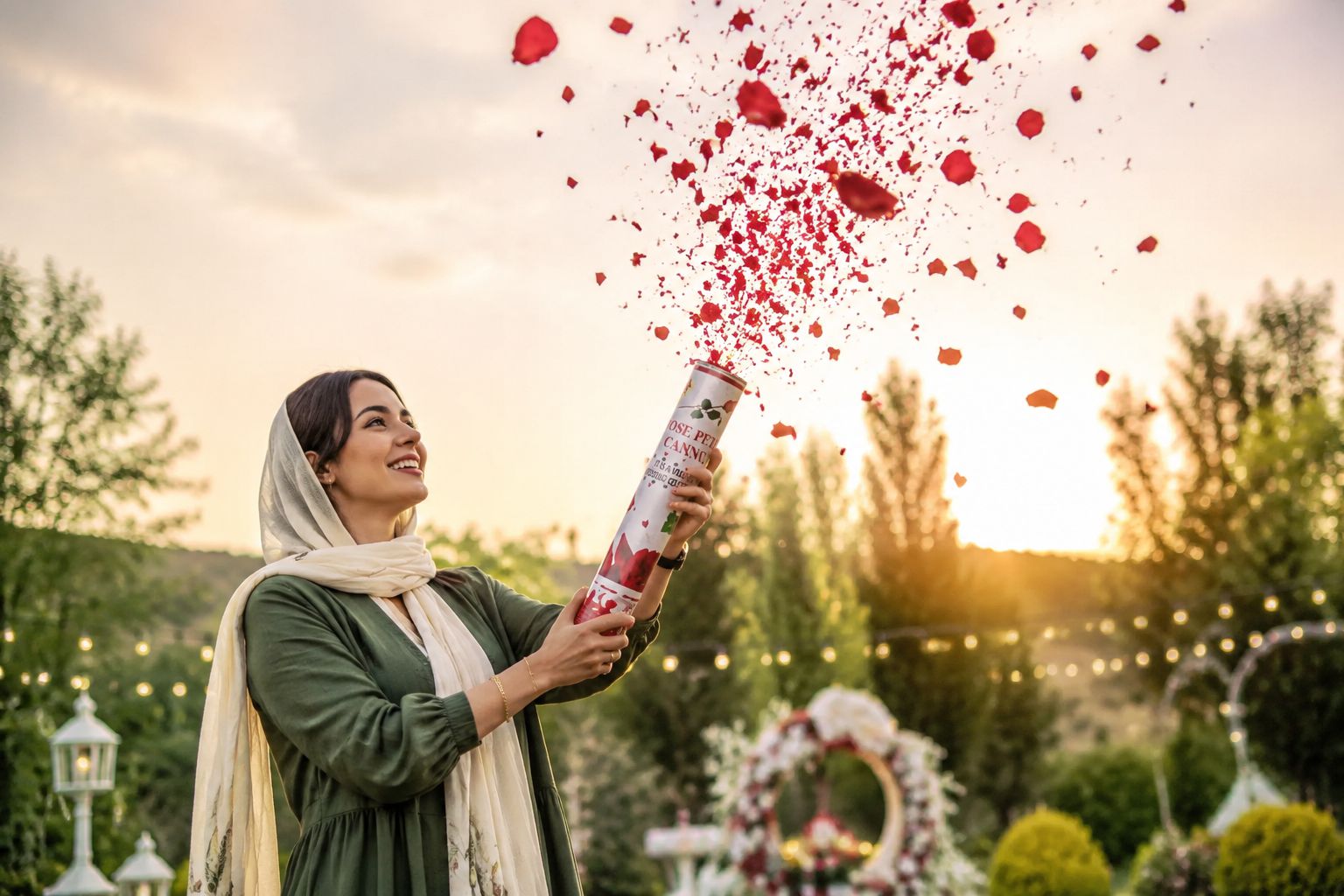 بمب شادی پیچی مدل گل رز | کاغذپاش رز 2 استفاده از بمب شادی گل رز در فضای باز، افکت ویژه