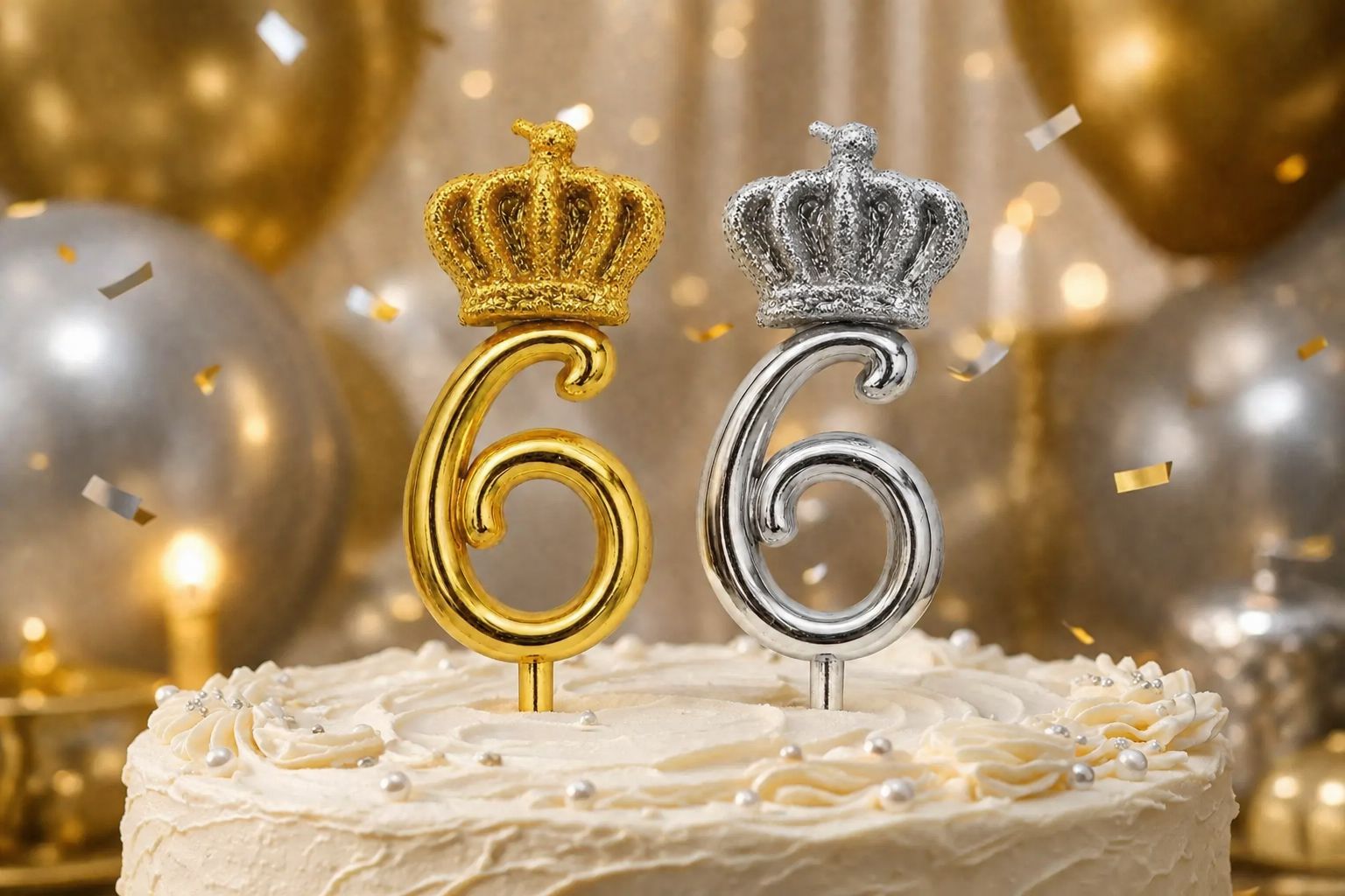 شمع تولد عدد 6 تاج دار، شمع کروم براق طلایی، پایه بلند پلاستیکی، تزیین کیک تولد لاکچری