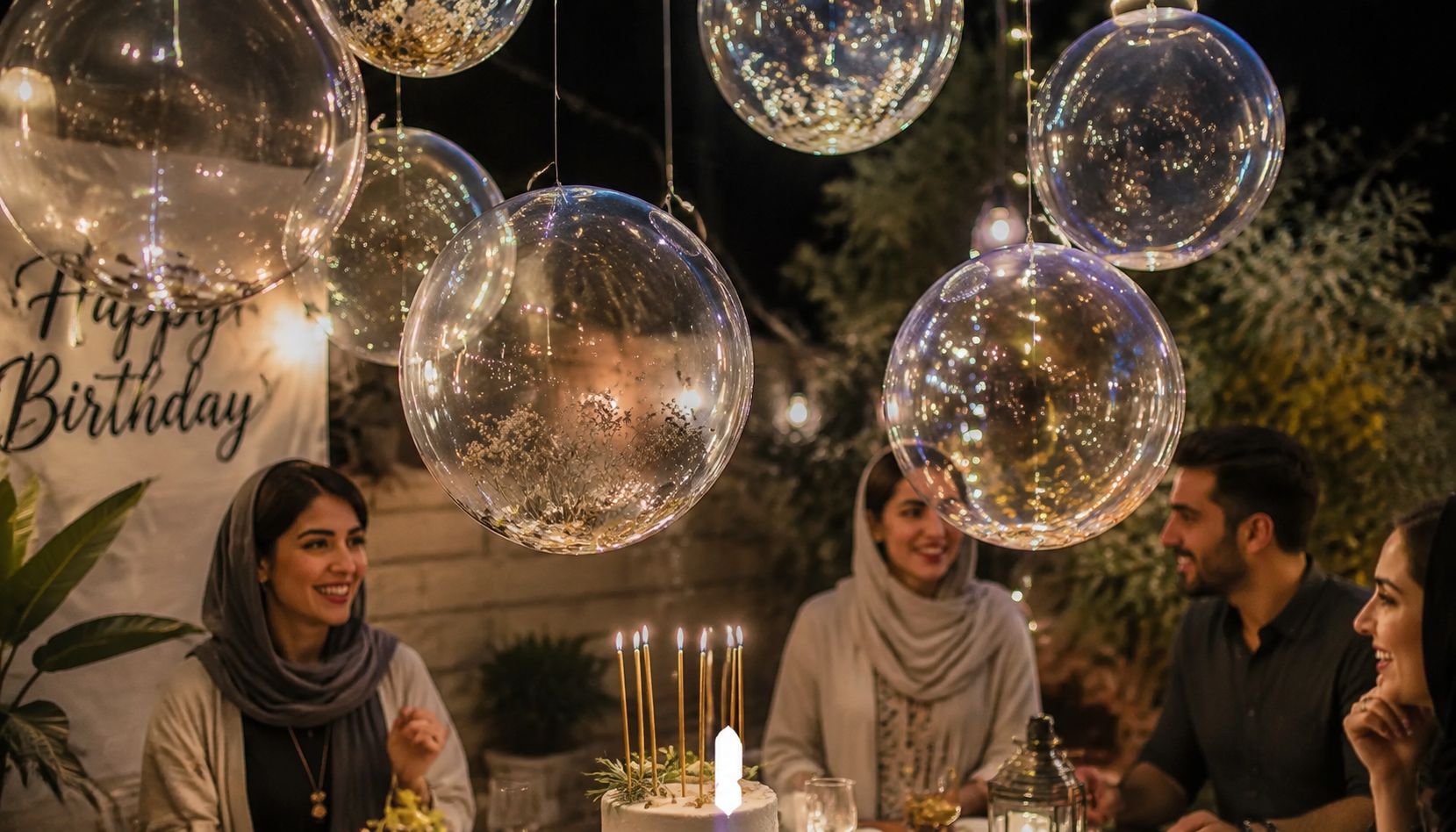 بادکنک بوبو بالن شفاف و گرد 1 نمای جشن با بادکنک بوبو بالن شفاف حاوی کنفِتی و ریسه LED، مناسب برای تزیین بوبو بالن و بادکنکآرایی بوبو بالن