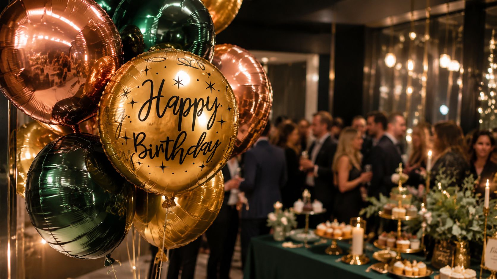 بادکنک لاتکس کروم طرح Happy Birthday | مدل چاپی متالیک 1 بادکنک لاتکس کروم با چاپ Happy Birthday در رنگهای طلایی، رزگلد و سبز تیره، مناسب دکوراسیون تولد و تزیین مهمانی