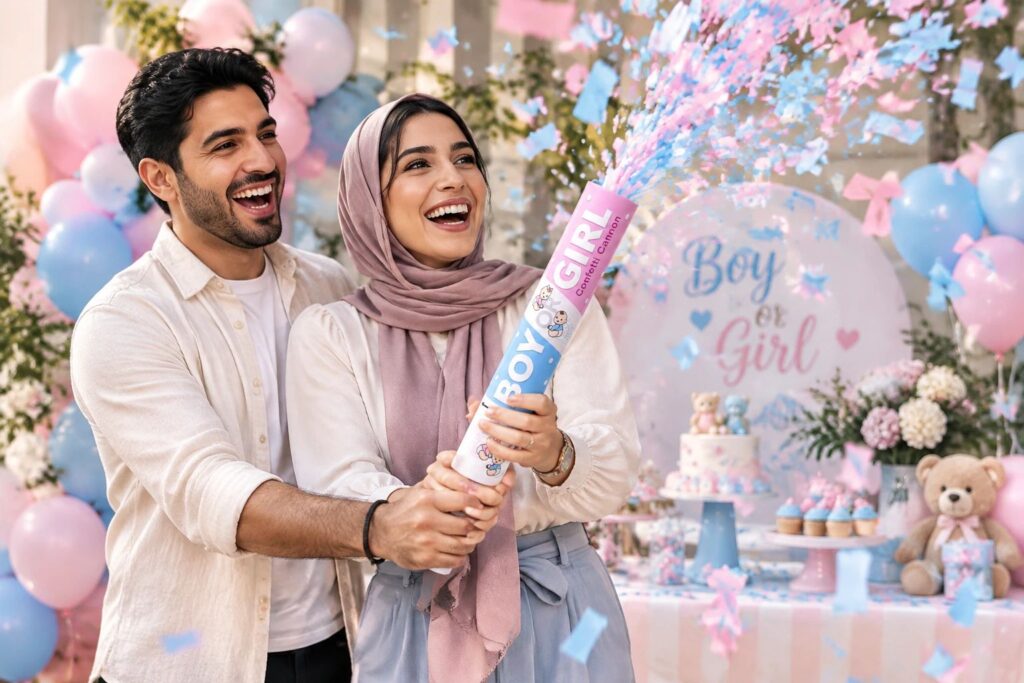 بمب شادی طرح تعیین جنسیت و کاغذپاش تعیین جنسیت در جشن افشای جنسیت نوزاد با کنفتی صورتی و آبی