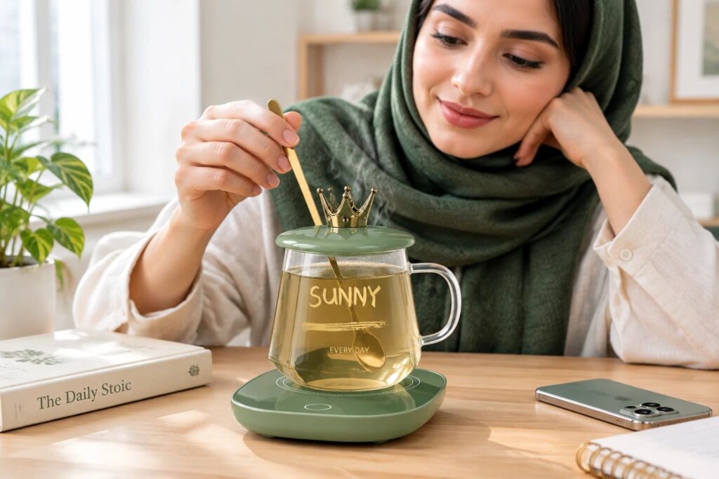 ماگ حرارتی هیتردار سانی سبز در کنار کتاب، ماگ گرمکن دار فانتزی با قاشق طلایی و صفحه گرمکن لیوان