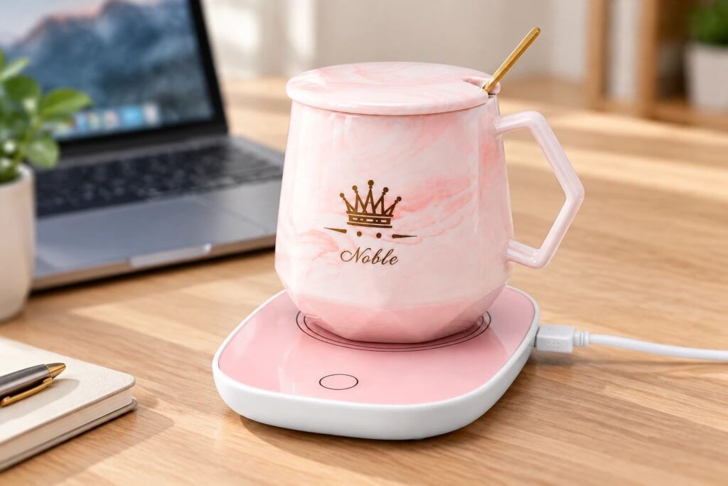 ماگ حرارتی نوبل سفید طرح ماربل روی صفحه گرمکن USB برای قهوه گرم کن اداری