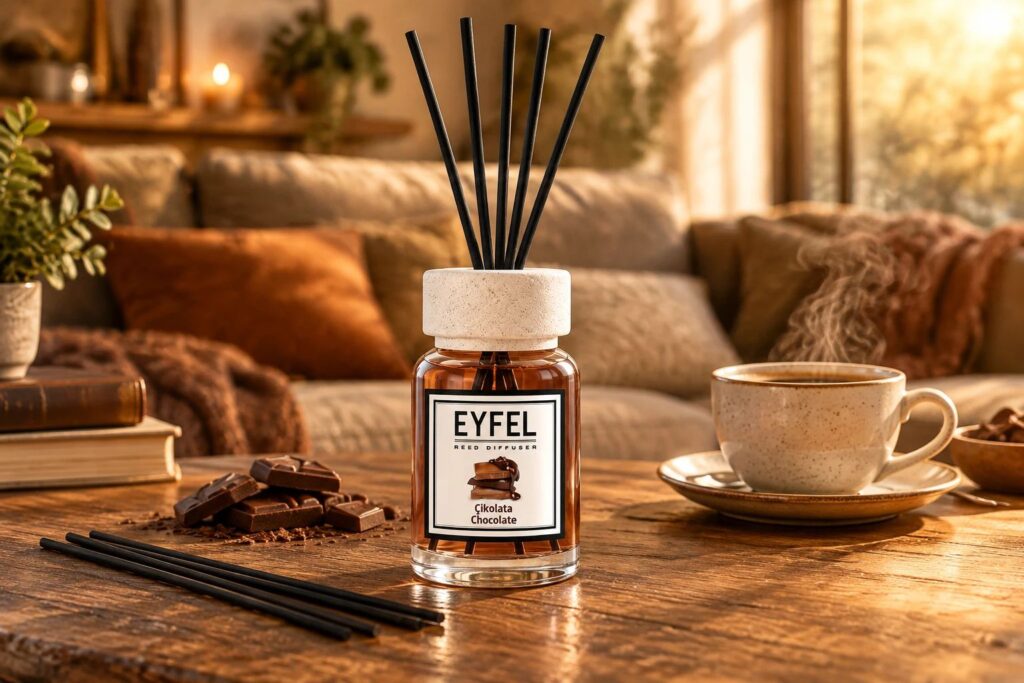 اسانس خوشبو کننده هوا ایفل مدل شکلات EYFEL با رایحه شیرین شکلات، دیفیوزر مایع ایفل و خوشبو کننده چوبی محیط برای خانه