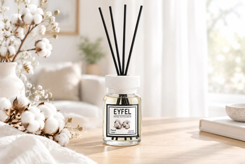 اسانس خوشبو کننده هوا ایفل EYFEL مدل گل پنبه Coton با رایحه لطیف و تمیز در ظرف شیشه‌ای دکوراتیو