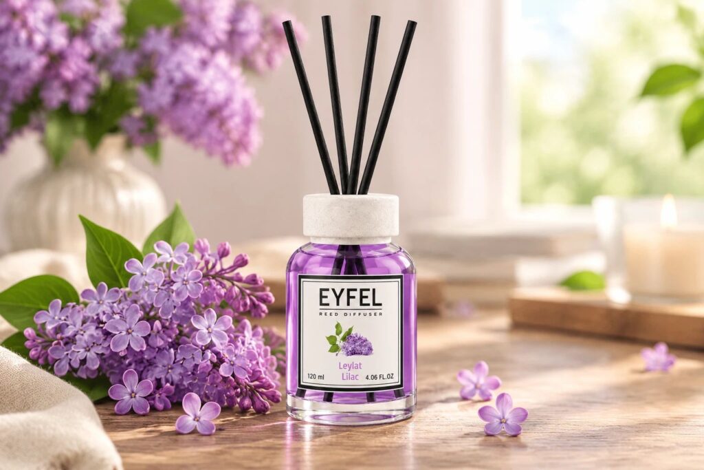اسانس خوشبو کننده هوا ایفل مدل یاس بنفش با رایحه گلی و شیرین، دیفیوزر مایع ایفل و عطر محیطی با چوب بامبو در فضای آرام خانه